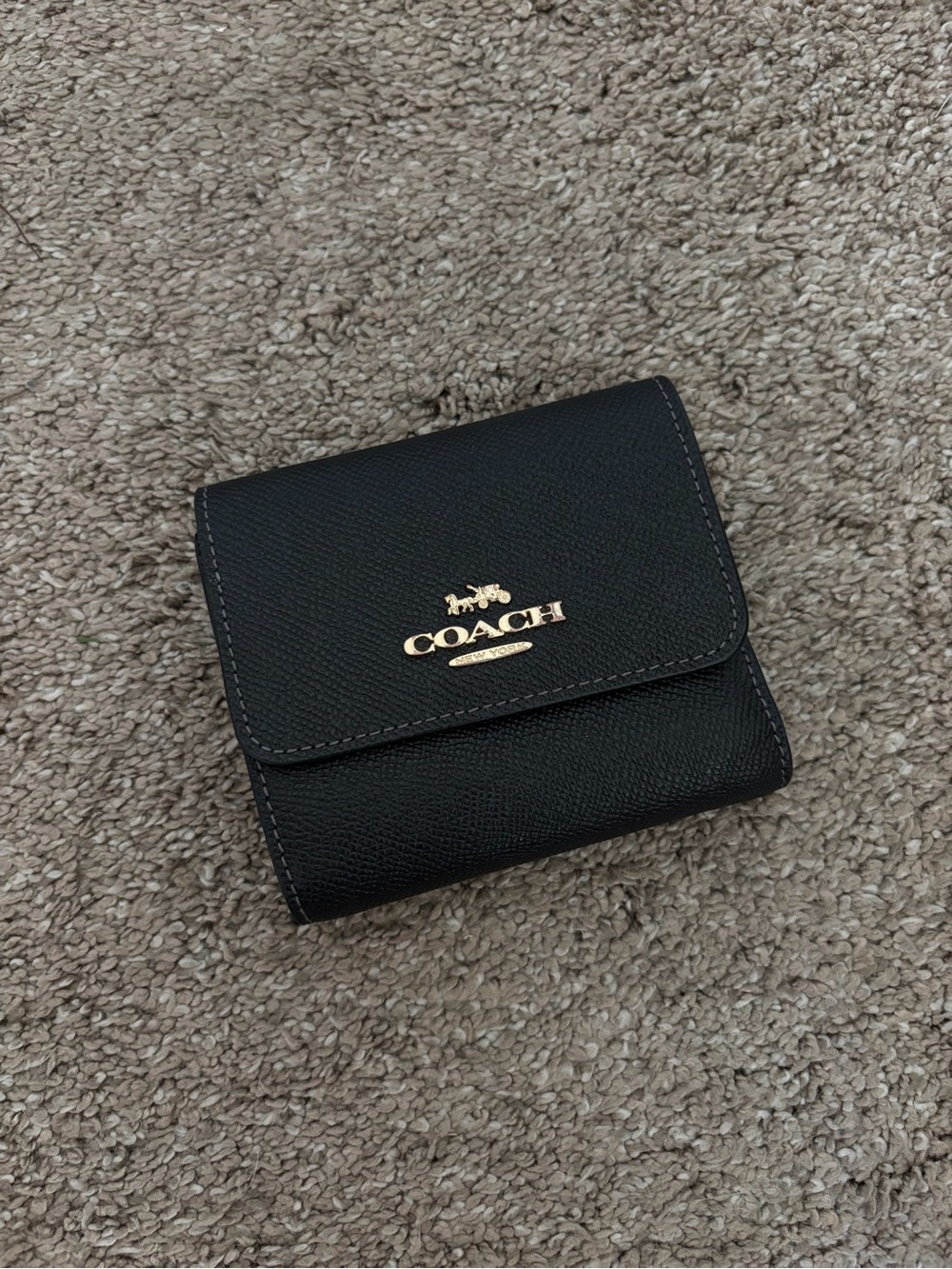 Coach Black Leather Compact Wallet with Gold Logo